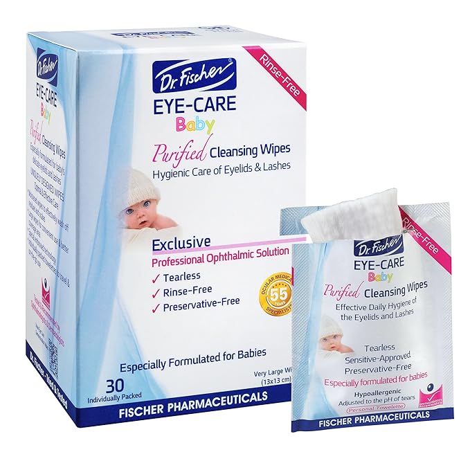 Purified, Non Irritating, Tear Free, Hypoallergenic & Sensitive Approved Baby Eyelid Wipes by Dr. Fischer – Pre-moistened, Rinse Free and Pediatrician Recommended (6)
