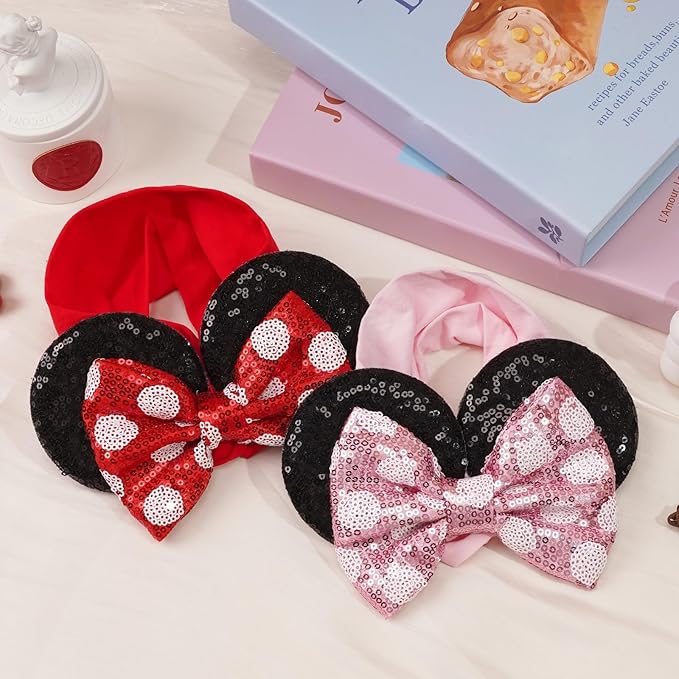2Pcs Baby Girl Large Mouse Ears Dot Headbands with Sequin Bow, Wide Nylon Turban Hairband, Theme Park Headwear, Hair Bow Headband for Toddler, Kids, Party Supplies