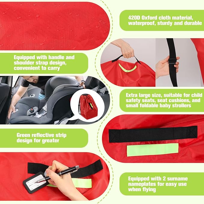 Car Seat Bags For Airplane Travel, Durable Carseat Cover For Air Travel Car Seat Travel Bag with Shoulder Straps and 2pcs Luggage Tags For Airplane, Red