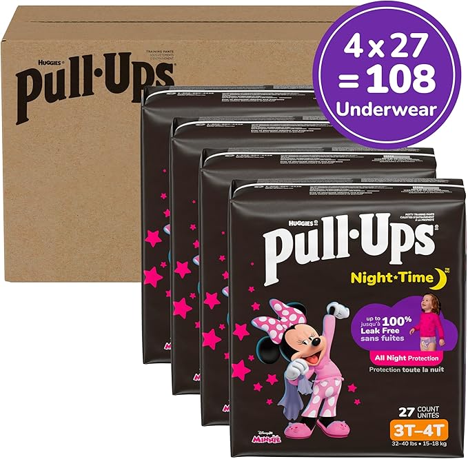 Pull-Ups Girls' Night-Time Potty Training Pants, Size 3T-4T Overnight Training Underwear (32-40 lbs), 108 Ct