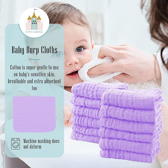 Cute Castle 24 Pack Muslin Burp Cloths for Baby - Ultra-Soft 100% Cotton Baby Washcloths - Large 20'' by 10'' Super Absorbent Milk Spit Up Rags - Burpy Cloths for Unisex, Boy, Girl - Purple