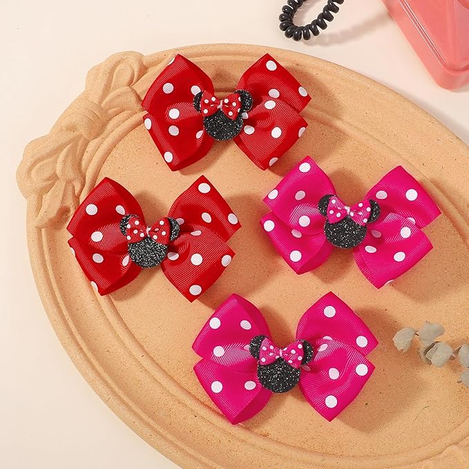 4PCS Mouse Ears Hair Bow Clips, 3 Inch Toddler Girls Polka Dot Hair Accessories, Birthday Party Decoration for Baby Toddler Girls