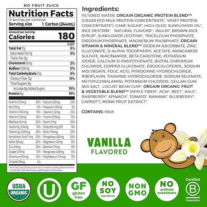 Orgain Organic Kids Nutritional Protein Shake, Vanilla, Healthy Kids Snacks, 8g Dairy Protein, 3g Fiber, 22 Vitamins & Minerals, No Soy ingredients, Gluten Free, Non-GMO, 8.25 Fl Oz (Pack of 12)