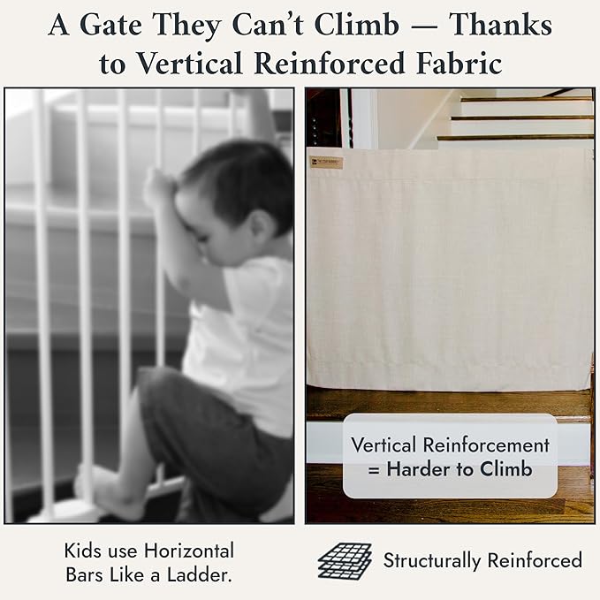 The Stair Barrier First Fabric Banister to Banister Baby Gates for Stairs 42”–52” Wide x 32” Tall– No Drill Baby Gate for Top or Bottom Staircase, Machine-Washable Climb Proof, Designed in USA, Cream