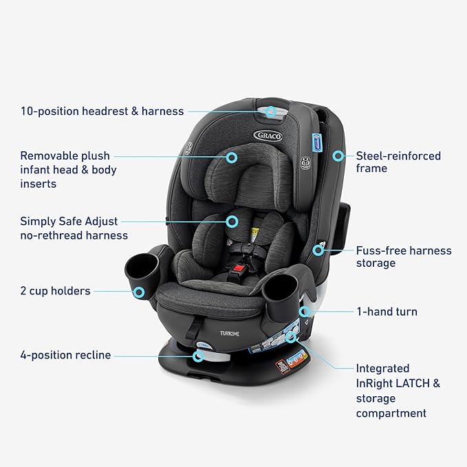 Graco Turn2Me 3-in-1 Rotating Convertible Car Seat, Brighton, Rear-Facing Rotation, Forward-Facing Mode, Highback Booster Up to 100 lbs, Adjustable Headrest & Harness, Steel Reinforced Frame