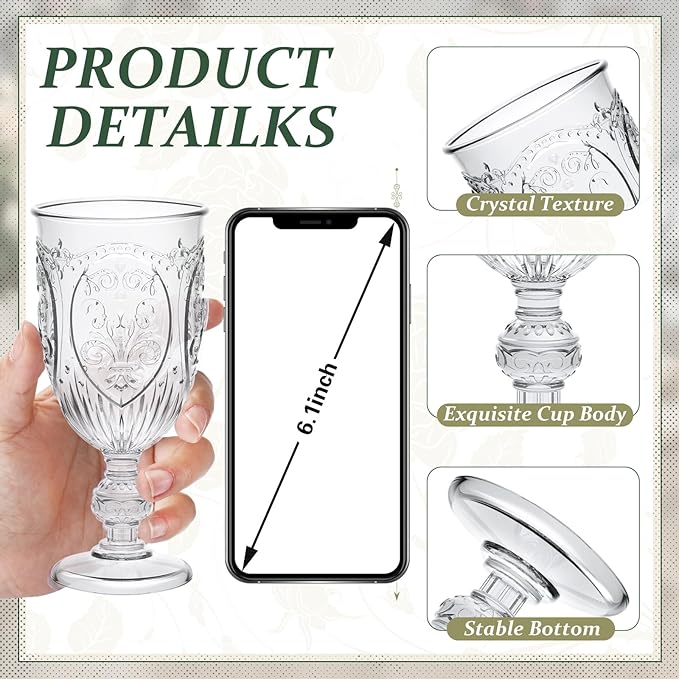 24 Pcs Plastic Goblets 7.5oz Vintage Goblet Plastic Wine Glasses Colored Retro Embossed Water Goblets for Wine Bar Juice Baby Shower Wedding Reception Grand Event Party (Clear)