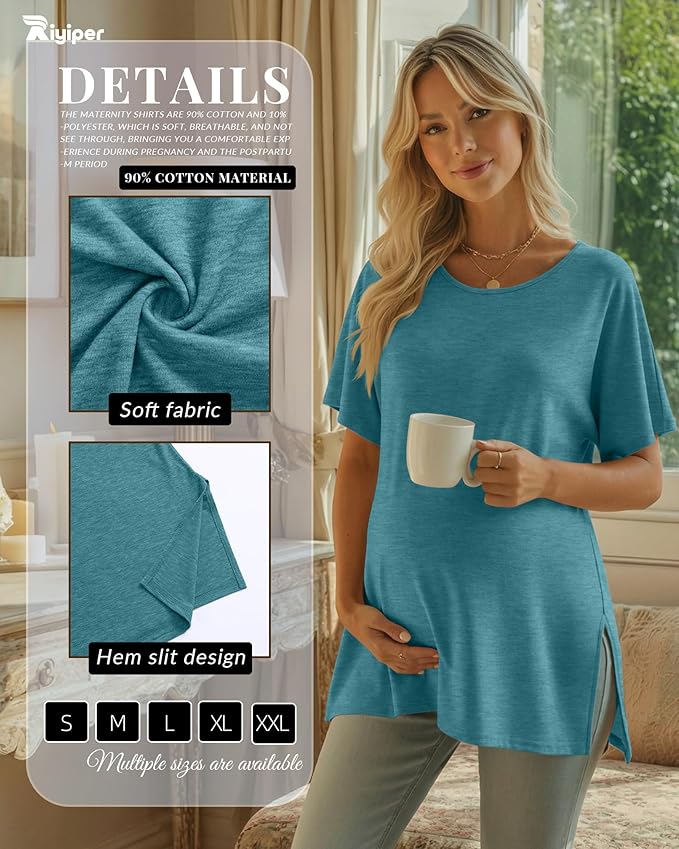 Riyiper 3 Pack Women's Maternity Tunic Shirts Cotton Summer Pregnancy Clothes Loose Oversized Split Side Blouse Tops