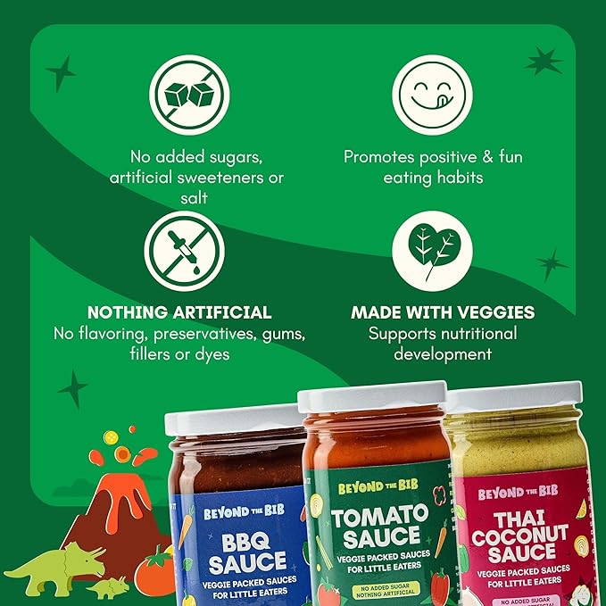 Beyond the Bib - Toddler and Kids Healthy Meal Sauces and Dips - Made with Vegetables, No Added Sugar, No Salt, No Artificial Ingredients - Ready to Eat - For 24+ Months (Tomato, BBQ, Thai Coconut)