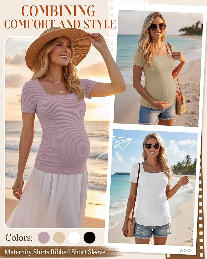 Huukeay 4 Pack Women's Maternity Shirts Cotton Ribbed Short Sleeve Square Neck Pregnancy Tops Side Ruched Summer Tee