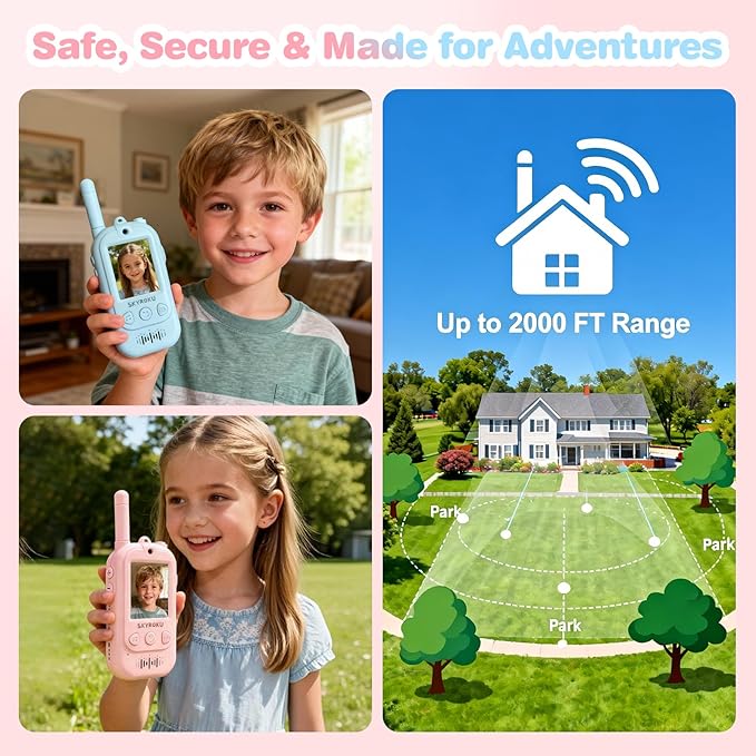 SKYROKU 2nd-Gen Video Walkie Talkies for Kids, 2000ft Long Range Rechargeable Walky Talkies, AI Virtual Costumes & Voice Changer, Outdoor Camping Toys Gift for Boys Girls Ages 3-12 (2 Pack)