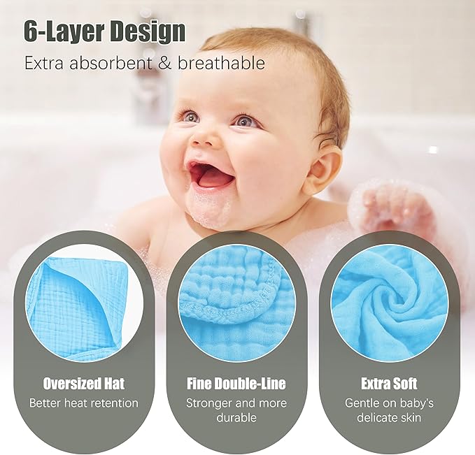 2 Pack Hooded Baby Towels - 100% Muslin Cotton for Newborns, Infants, Toddlers, and Kids - Large 32x32Inch Size - Highly Absorbent and Essential for Newborn Care, White and Aqua