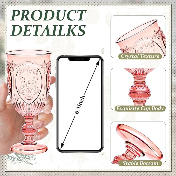 6 Pcs Plastic Goblets 7.5oz Vintage Goblet Plastic Wine Glasses Colored Retro Embossed Water Goblets for Wine Bar Juice Baby Shower Wedding Reception Grand Event Party (Pink)