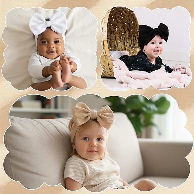 Baby Bow Headbands 3 Pcs Baby Girl Headbands with Bows Soft Nylon Kahki/White/Black Headband Bows for Baby Girls, Newborns, Infants