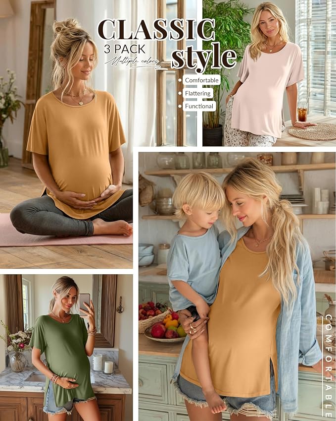 Riyiper 3 Pack Women's Maternity Tunic Shirts Cotton Summer Pregnancy Clothes Loose Oversized Split Side Blouse Tops
