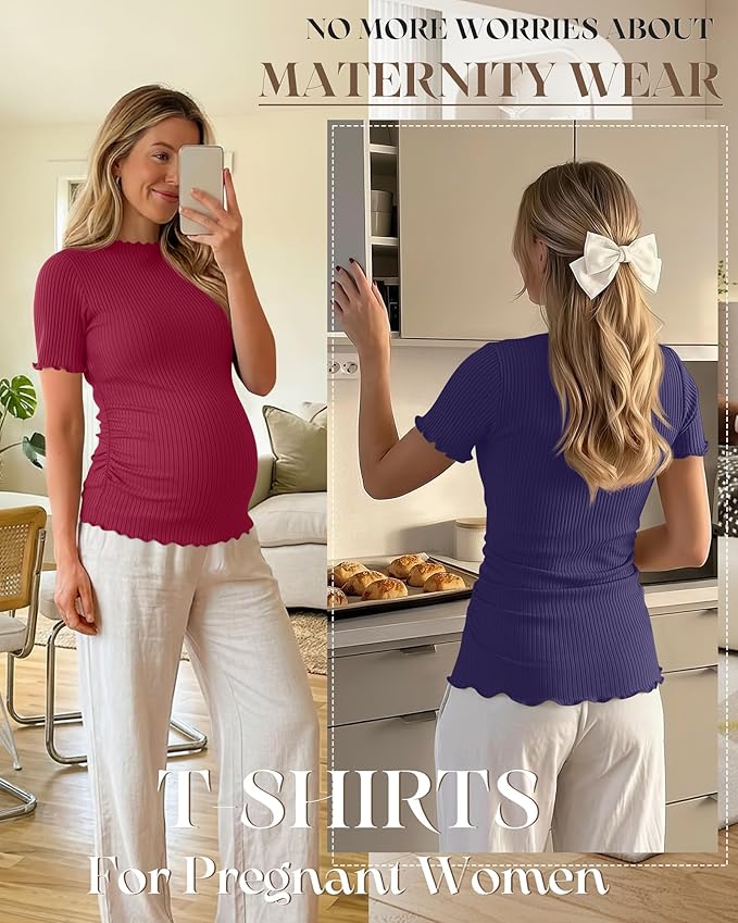 3 Pack Women's Maternity Tops Short Sleeve Ribbed Knit Maternity Shirts Crew Neck Side Ruched Pregnancy Clothes