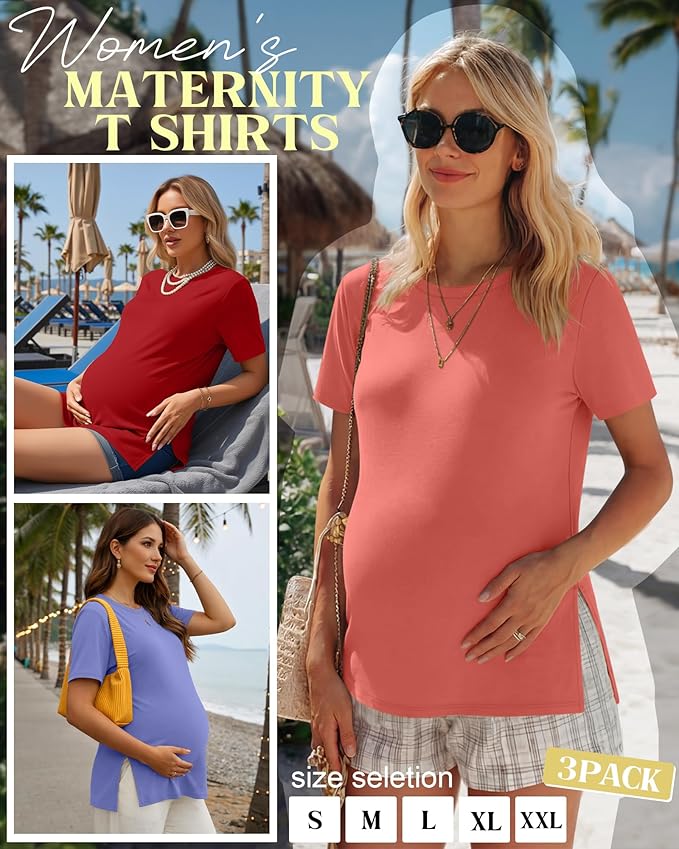 Ficerd 3 Pack Women's Maternity T Shirts, Short Sleeve Side Split Pregnancy Tops Casual Crew Neck Pregnant Tees Mama Clothes
