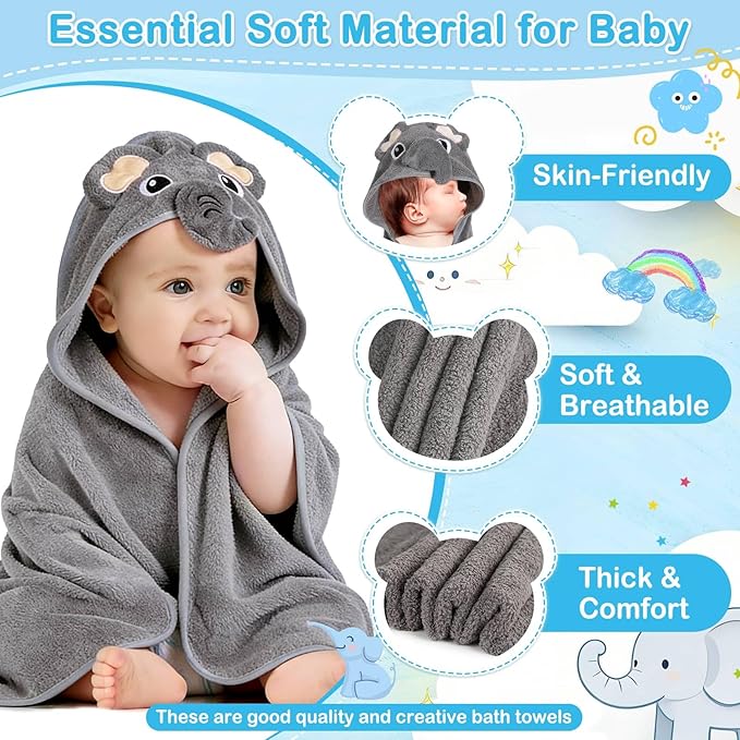 4 Pcs Baby Towels and Washcloths Set, 1 Pcs Animal Hooded Baby Towels & 3 Pcs Baby Washcloths for Newborns, Toddlers, and Kids, Soft Absorbent Hooded Bath Towel for Boys & Girls (Gray Elephant)