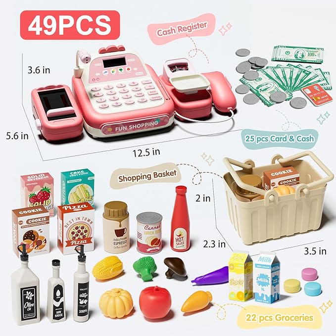 49Pcs Toy Cash Register with Scanner, Pretend Play Grocery Store Set with Real Calculator, Microphone, STEM Educational Supermarket Toys Gift for Boys Girls Kids Toddlers 3 4 5 6 7 8 (Pink)