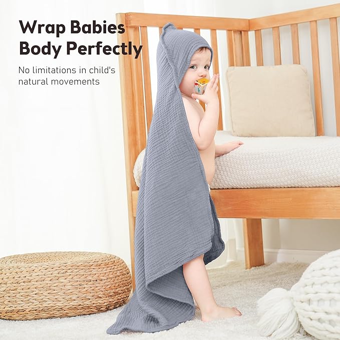 Susurration Hooded Baby Towels for Newborn 2 Pack 100% Muslin Cotton Towel for Babies，Highly Absorbent and Newborn Essential 30x30 Inch Gray&Blue