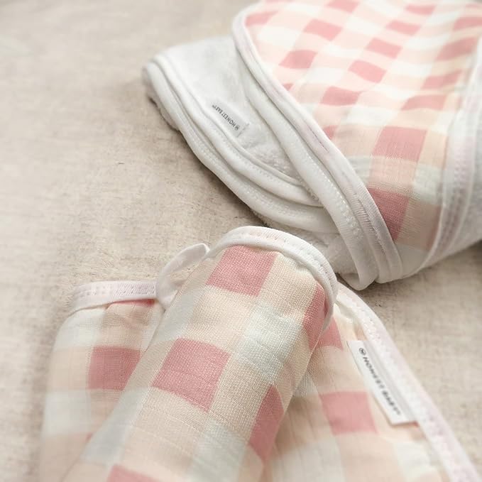 HonestBaby 3-Piece Organic Cotton Hooded Towel & Washcloth Set, Peach Skin Painted Buffalo Check, One Size