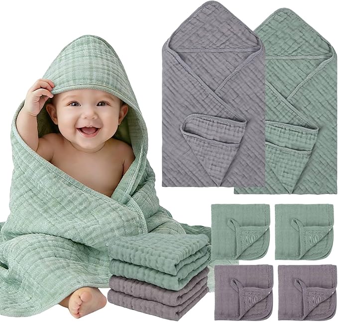 6 Pcs Muslin Hooded Baby Bath Towels Sets - 2 Pack 100% Cotton Baby Towel & 4 Pack Muslin Washclothes- 32x32Inch Baby Towels Cotton for Babies, Infants, Toddlers, 100% Cotton, Bath Essentials