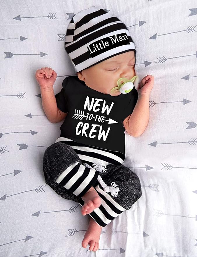 Fommy Newborn Baby Boy Clothes New to The Crew Letter Print Romper+ Pants+Hat 3PCS Outfit