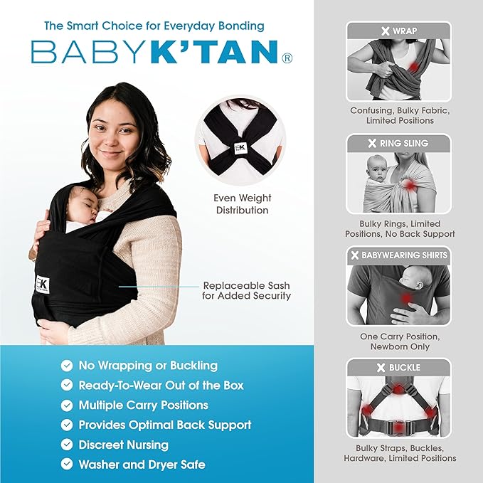 Original Baby K'tan Baby Carrier: #1 Easy Pre-Wrapped, Soft, Slip-On, No Rings, No Buckles | 5 in 1 Baby Sling for Hands-Free Comfort | Black | X-Small