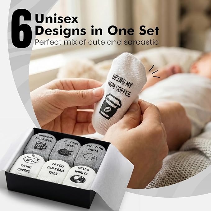 Baby Socks Gift Set – 6 Cute & Funny Non-Slip Socks for Boys & Girls | Baby 0-6 Months to 12-18 Months | Organic Cotton with Grips