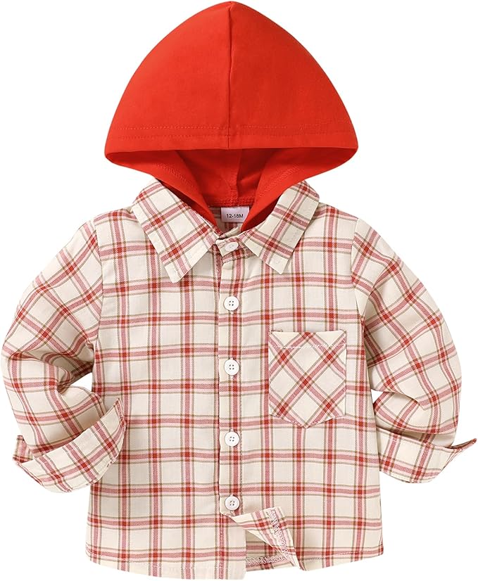 YOUNGER STAR Toddler Kids Boys Girls Flannel Hooded Plaid Shirt Button Baby Red Clothes