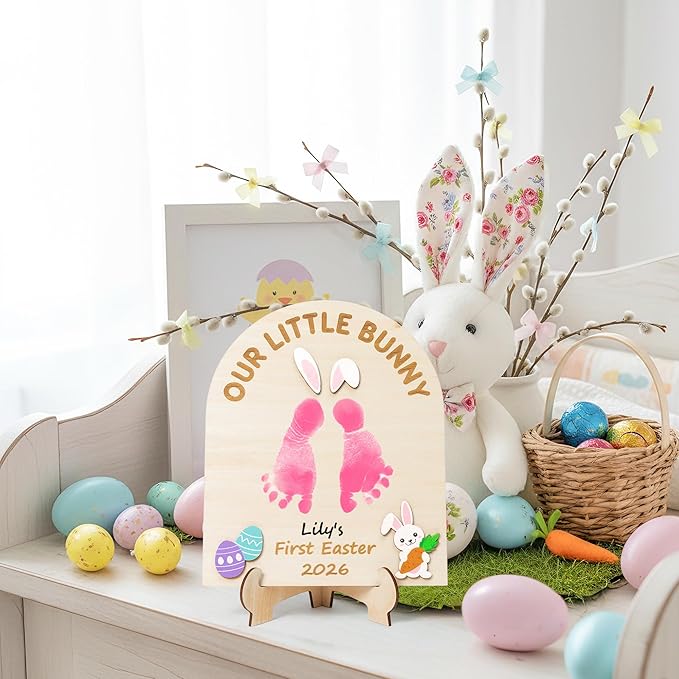 R HORSE DIY Baby's First Easter Footprint or Handprint Art Sign with Ink Pad, 3D Newborn Bunny Wooden Milestone with Marker Pen, Baby 1st Easter Keepsake Craft Gift Nursery Photo Prop Baby Shower