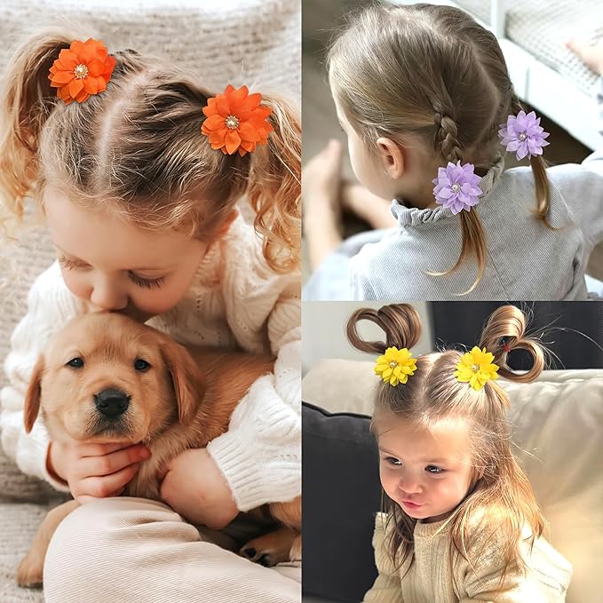 40Pcs Baby Chiffon Flower Hair Ties for Toddler Girls - 2.2 Inch Handmade Pearl Rhinestone Chiffon Flower Soft Elastics Ponytail Holders for Newborns to Kids