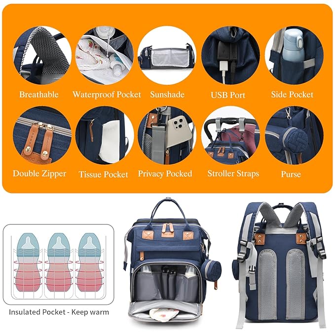 Baby Diaper Bags with Changing Station, Waterproof Diaper Bag Backpack for Moms Dads with USB Charging Port, Baby Shower Gifts, Large Capacity diaper backpack, Blue