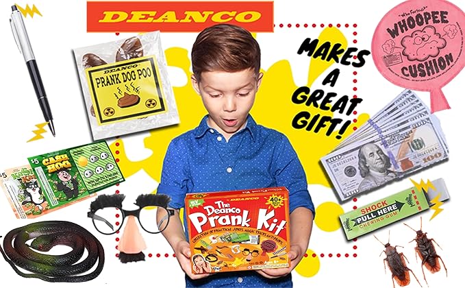 DEANCO Prank kit - 40 + Piece Set - Gags & Practical Joke Toys - Prank Stuff for April Fools - Ultimate Practical Jokes - Toys for Boys 8-10