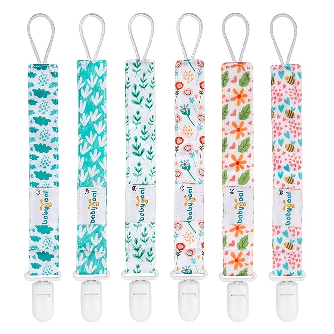 babygoal Floral Pacifier Clips, 6 Pack Binky Paci Holder Clips Leashes Fits for Most Pacifiers and Binkies 6PS13