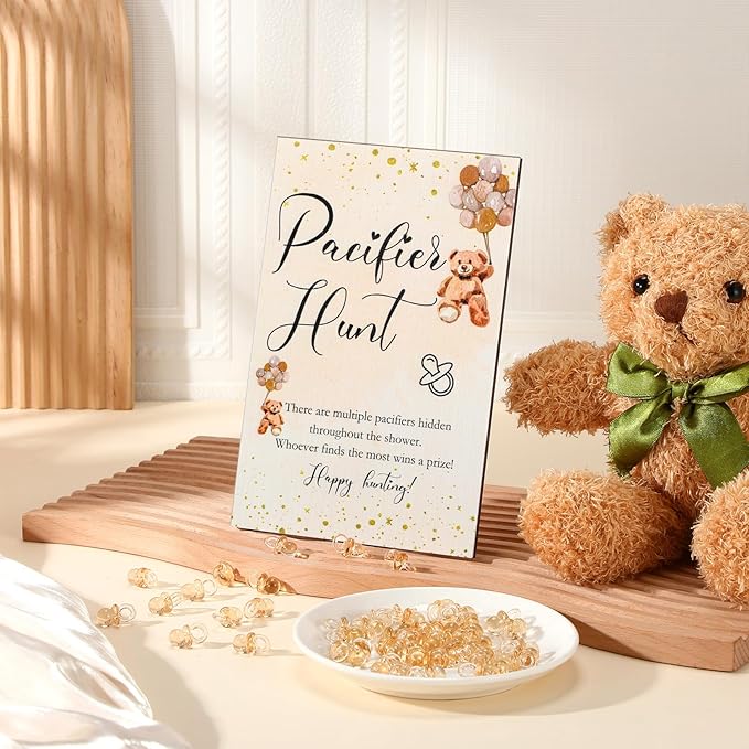 Roowest 51 Pcs Pacifier Hunt Baby Shower Game, Include Wooden Hunt Sign Bear Themed Baby Shower Sign Board with 50 Acrylic Pacifier Game for Gender Reveal Party (Brown)