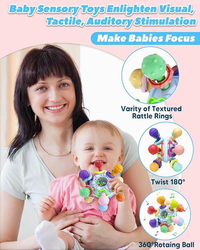 Baby Teething Toys Teethers for Babies 0-6 Months Infant Baby Girl Toys Gifts for 0 3 6 9 12 Months, Newborn Rattles Chew Toys Sensory Learning Montessori Toys for Babies 6-12 Months -Blue