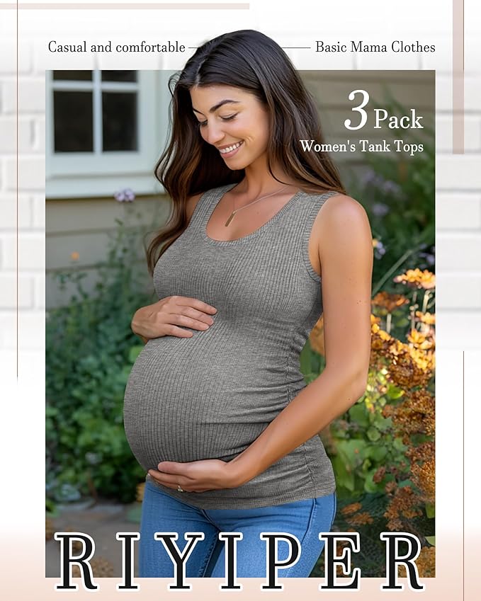 Riyiper 3 Pack Women's Maternity Tank Tops, Sleeveless Cotton Pregnancy Shirts Ribbed Knit Sides Ruched Basic Mama Clothes