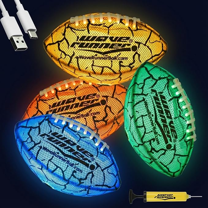Wave Runner Glow in The Dark LED Football - Junior Size Waterproof Light Up Football, Type-C Rechargeable with Pump, Outdoor Sports Toy for Kids, Teens, and Adults
