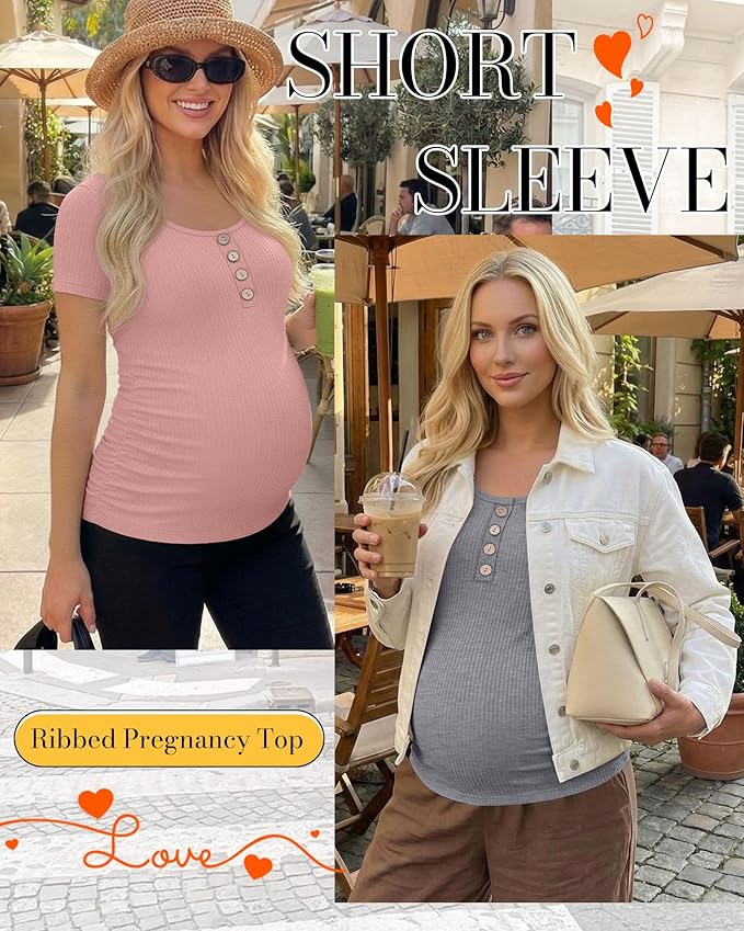 4 Pack Womens Maternity Shirts Scoop Neck Cotton Short Sleeve Ribbed Pregnancy Top Henley Side Ruched Mama Clothes