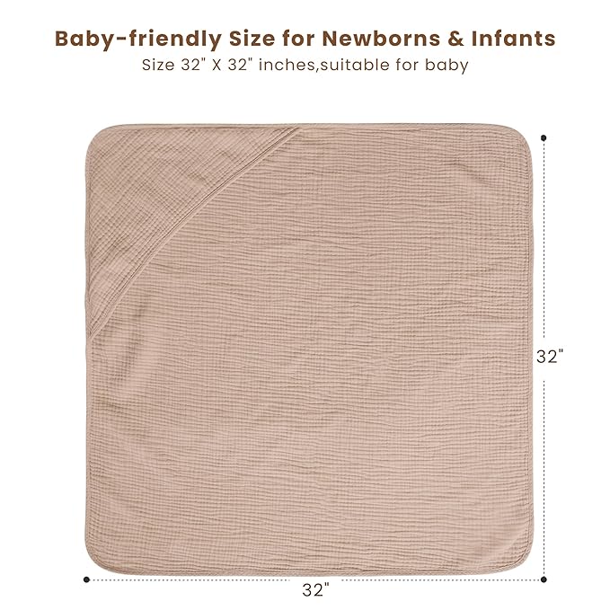 Konssy 2-Pack Muslin Hooded Baby Towels, 100% Cotton, Ultra-Soft & Absorbent Baby Bath Towels with Hood for Newborn & Infant (Camel, Sun,32" x 32")