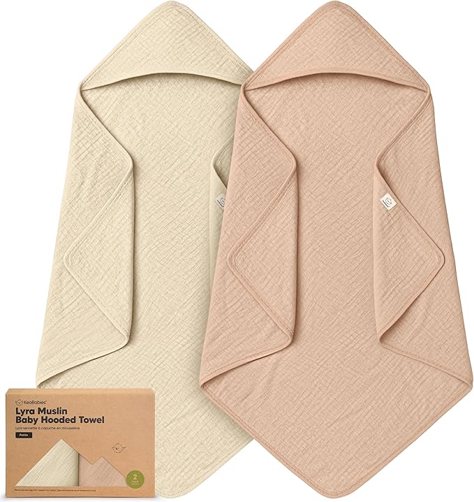 KeaBabies Muslin Hooded Baby Towels for Newborn Girls, Boys - 2-Pack, 30x30 Organic Cotton Baby Bath Towels Hooded, Soft Absorbent, Toddlers, Kids, Infant, Newborn Bath Essentials (Almond, Petite)