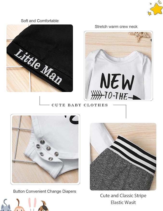 Fommy Newborn Baby Boy Clothes New to The Crew Letter Print Romper+ Pants+Hat 3PCS Outfit