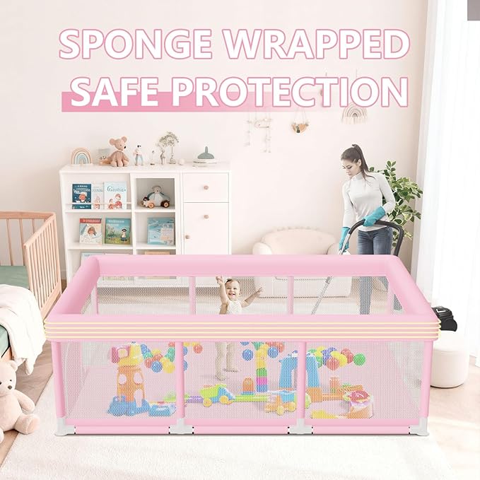 Large Baby Playpen 74"x50", Baby Girl Play Pen for Babies and Toddlers Pink, Safe Structure and Soft, Skin-Friendly Fabric with Zipper Gates