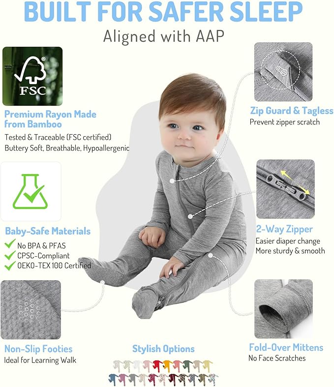 HAPIU Rayon from Bamboo Baby Footed Pajamas, 2 Way Premium Zipper, Footie for Baby Boy Girls, Newborn-24 Months