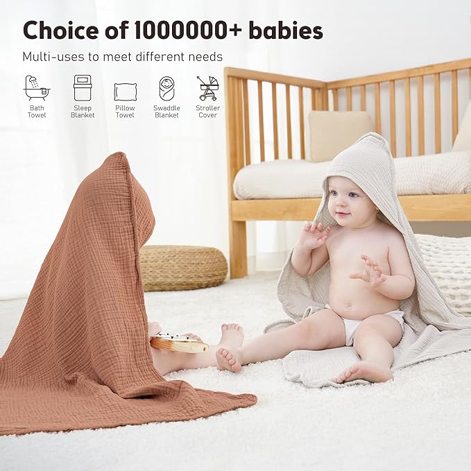 Susurration Hooded Baby Towels for Newborn 2 Pack 100% Muslin Cotton Towel for Babies，Highly Absorbent and Newborn Essential 30x30 Inch Cream&Brown