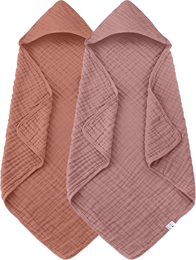 2 Pack Hooded Baby Towels - 100% Muslin Cotton for Newborns, Infants, Toddlers - Large 32x32 Inch Size - Highly Absorbent and Essential for Newborn Care, Deep Bean Paste