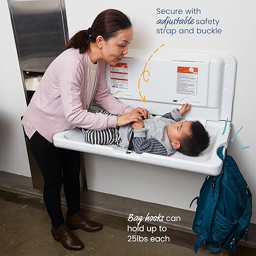 ECR4Kids Horizontal Wall-Mounted Changing Station with 500 Sanitary Liners, Baby Changer, White Granite
