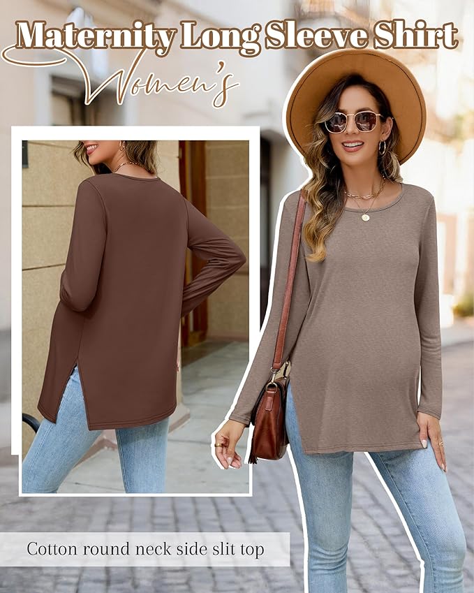 Riyiper 3 Pack Women's Maternity Long Sleeve T-Shirts Round Neck Side Split Tops Loose Casual Pregnancy Mama Clothes Fall