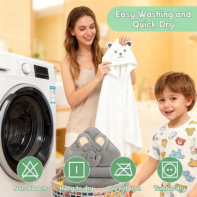 10 PCS Baby Towels Set - 2 Hooded Towels & 8 Washcloths, Ultra Soft & Absorbent Bath Towels for Newborn, Infant, Toddler, Baby Shower, Daily Use, Cute Animal Design