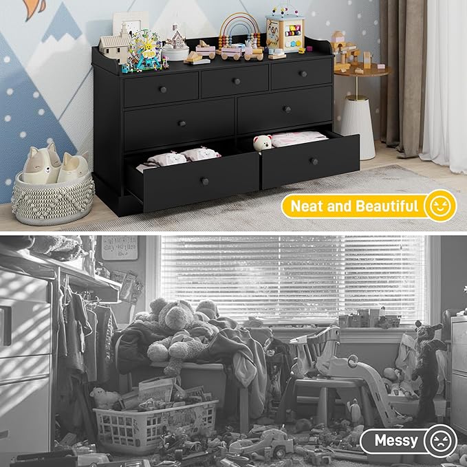Vabches Kids Dresser Cabinet with 7 Drawers, Changing Table for Nursery, White Chest of Drawers, Baby Dresser, Kids Bedroom Furniture, Nightstand for Child’s Room, Black